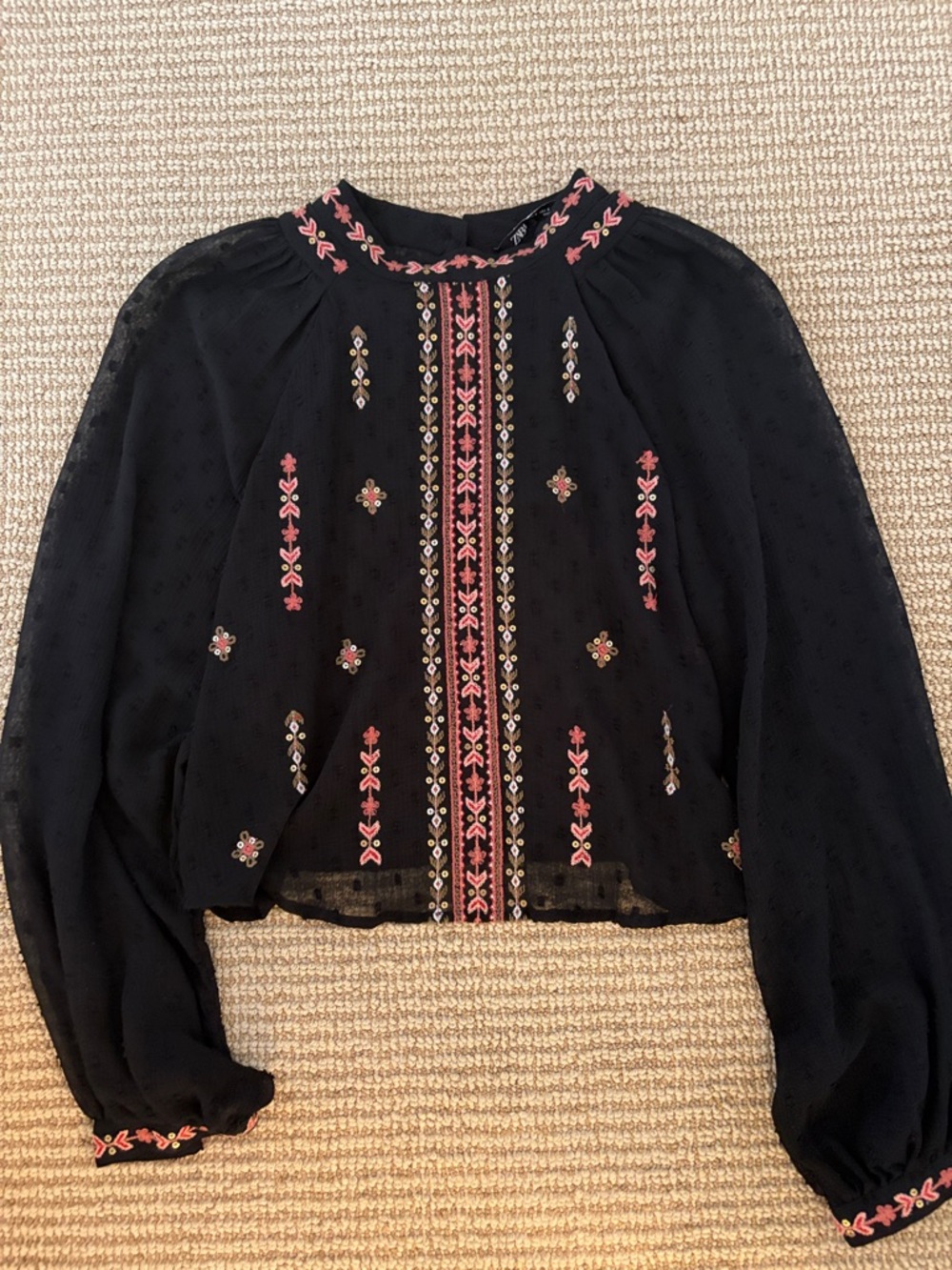 Zara Embroidered Black Peasant Blouse with Pink Accents